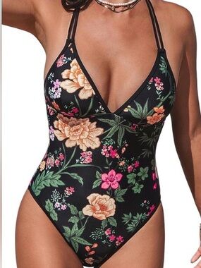 Cupshe Black Floral One-Piece Swimsuit with Green and Pink Accents